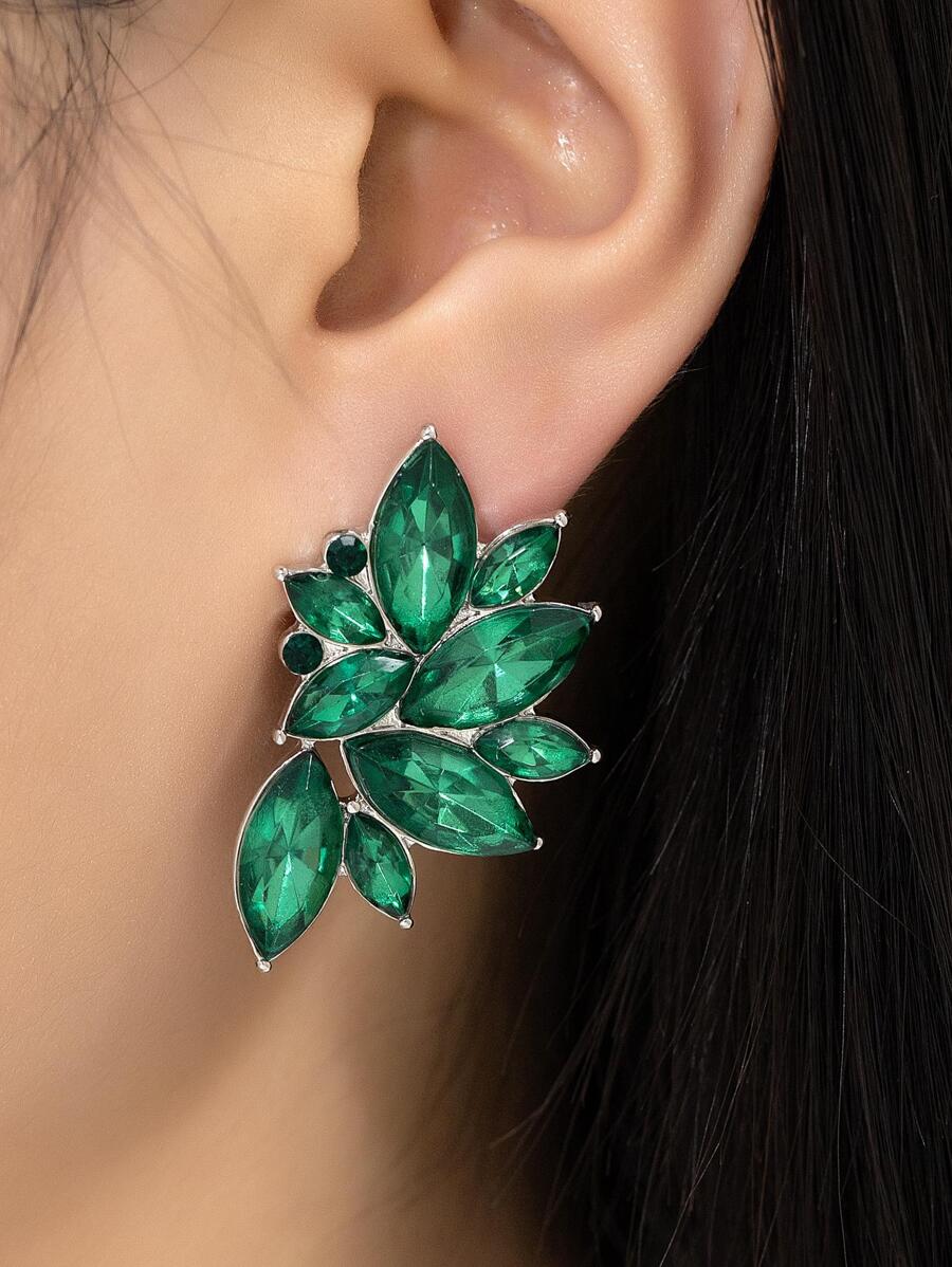 1pair Women's European And American Colorful Rhinestone Inlaid Personalized Japanese And Korean Style Stud Earrings - Green - View 1