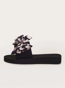 Women Bow Decor Floral Pattern Slides, Fashionable Summer Polyester Slippers - Black - View 3