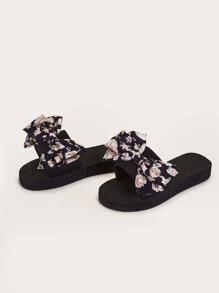 Women Bow Decor Floral Pattern Slides, Fashionable Summer Polyester Slippers - Black - View 4