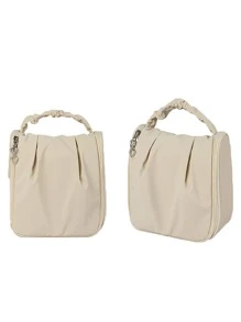 Solid Colour Toiletry Travel Bag Ruched Detail Zipper Around - Beige - View 5