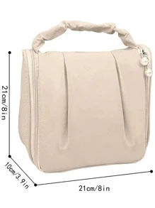 Solid Colour Toiletry Travel Bag Ruched Detail Zipper Around - Beige - View 2