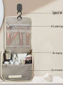 Solid Colour Toiletry Travel Bag Ruched Detail Zipper Around - Beige - View 6