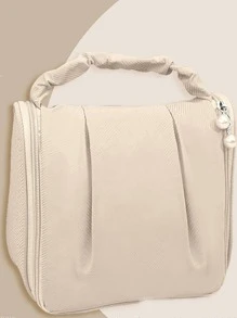 Solid Colour Toiletry Travel Bag Ruched Detail Zipper Around - Beige - View 3