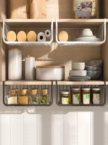 1pc Hanging Basket With Hooks, Kitchen Shelves, Suspended Layered Storage Rack, Pull Out Seasoning Basket, No Need To Install, Sliding Hanging Cabinet Shelf, Storage Rack, Home Kitchen Supplies - Black - View 1