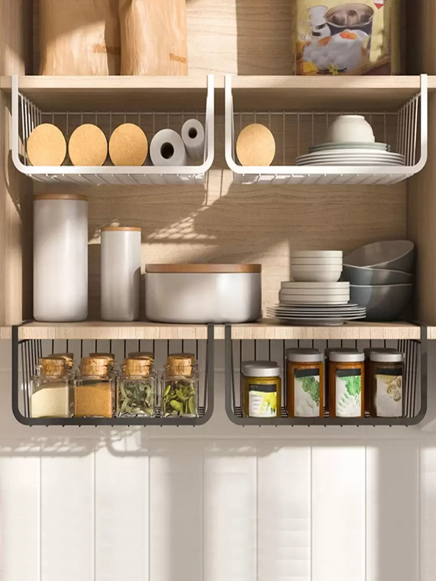 1pc Hanging Basket With Hooks, Kitchen Shelves, Suspended Layered Storage Rack, Pull Out Seasoning Basket, No Need To Install, Sliding Hanging Cabinet Shelf, Storage Rack, Home Kitchen Supplies - Black - View 1