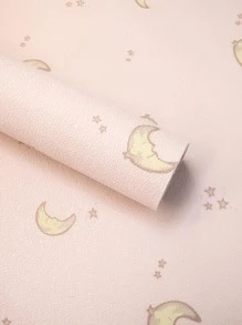 1roll Moon & Star Pattern Wall Paper - Baby Pink - View 3
