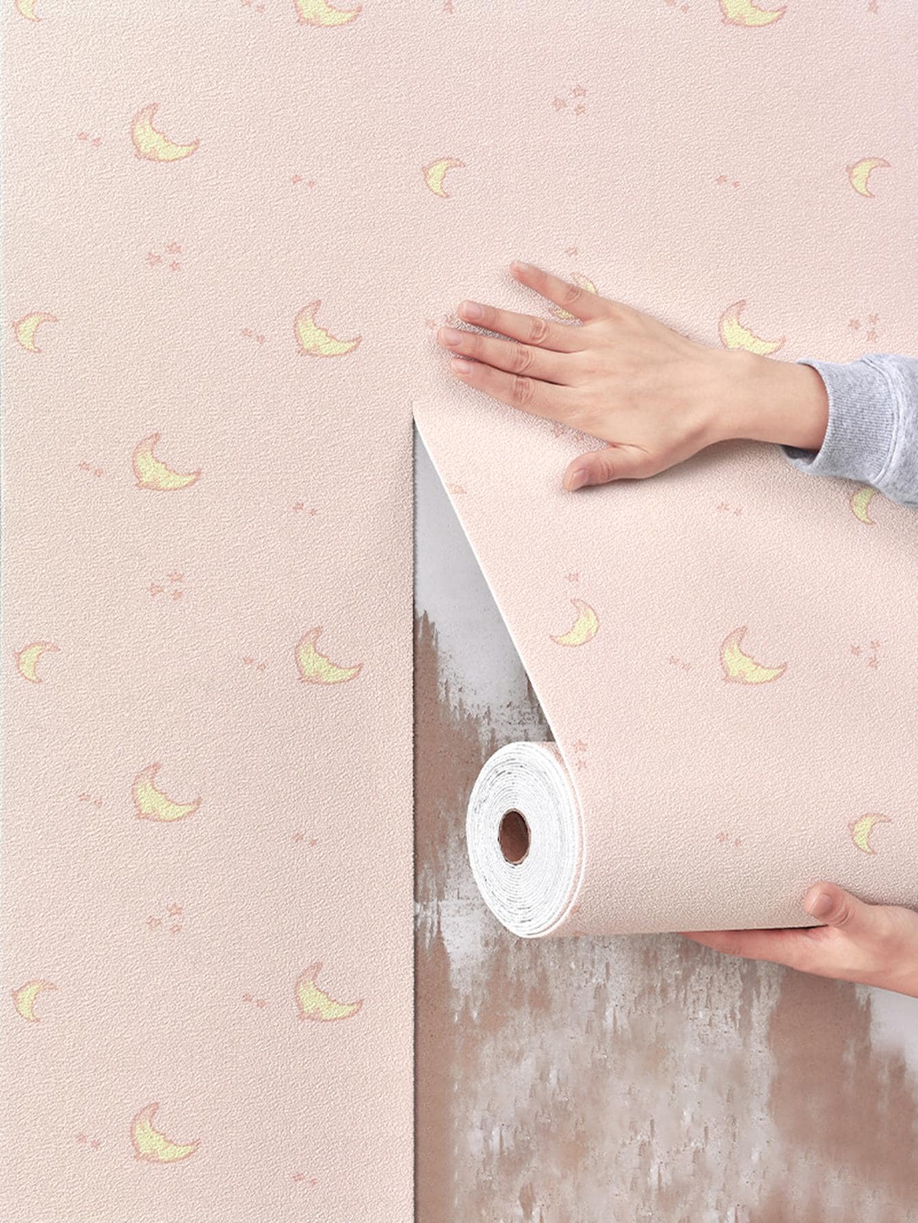 1roll Moon & Star Pattern Wall Paper - Baby Pink - View 1