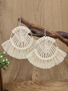 1 đôi bông tai mặt dây chuyền bằng vải lanh dệt theo phong cách boho thích hợp cho cuộc sống hàng ngày, công việc, trang phục biểu diễn sân khấu và chụp ảnh đường phố, phụ kiện bất kỳ mùa nào cho phụ nữ - trắng - Xem 3
