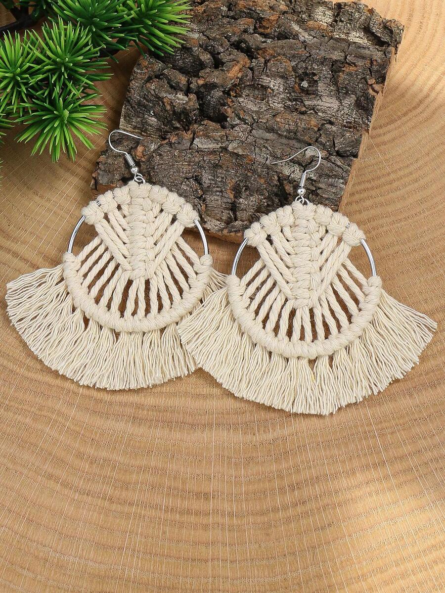 1 đôi bông tai mặt dây chuyền bằng vải lanh dệt theo phong cách boho thích hợp cho cuộc sống hàng ngày, công việc, trang phục biểu diễn sân khấu và chụp ảnh đường phố, phụ kiện bất kỳ mùa nào cho phụ nữ - trắng - Xem 1