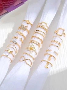 男士23入組/套蝴蝶和水鑽裝飾戒指,適用於首飾類禮品和派對 - 金黃色 - 查看 3