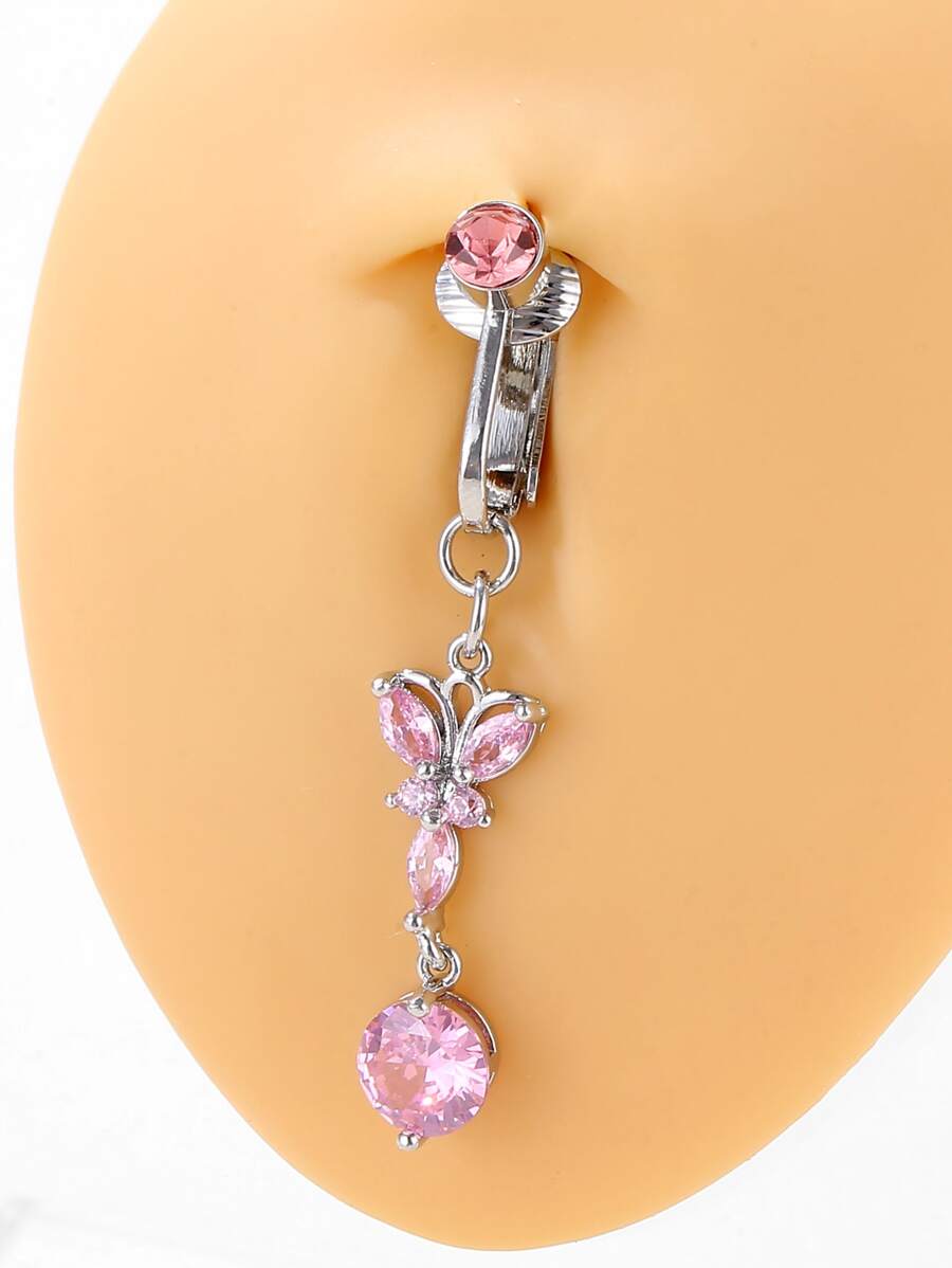 Non-Piercing Pink Butterfly Clip-On Fake Belly Button Ring Navel Clip Fake Navel Ring - Pink - View 1