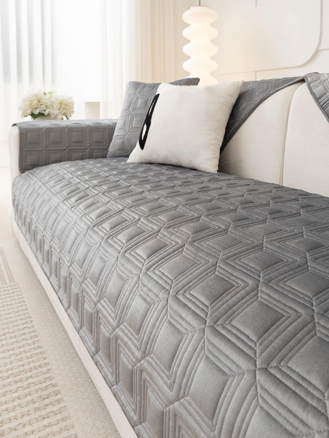 1入組幾何簇絨灰色的沙發現代防塵滌綸沙發套適用於家用的 - 灰色 - 查看 1