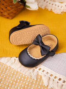 女孩蝴蝶結裝飾貝殼邊瑪麗珍平底鞋適用於戶外 - 黑色 - 查看 1