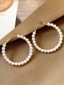 人造珍珠裝飾圓耳環 - 白色 - 查看 5