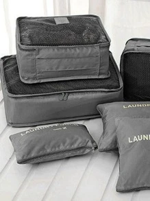 6pcs Letter Graphic Travel Storage Bag, Grey Polyester Large Storage Bag For Household - Grey - View 5