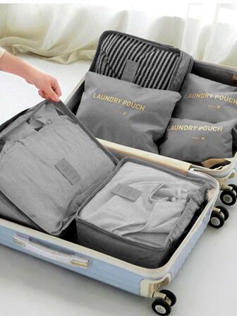 6入組字母圖案旅行收納灰色滌綸大收納袋