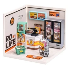 Robotime Plastic House Building Set Toy DIY Miniature Dollhouse Playset Super Market With LED For Mini Figures Construction Toys Diorama Kit Gifts For Teens Adults Room Decoration