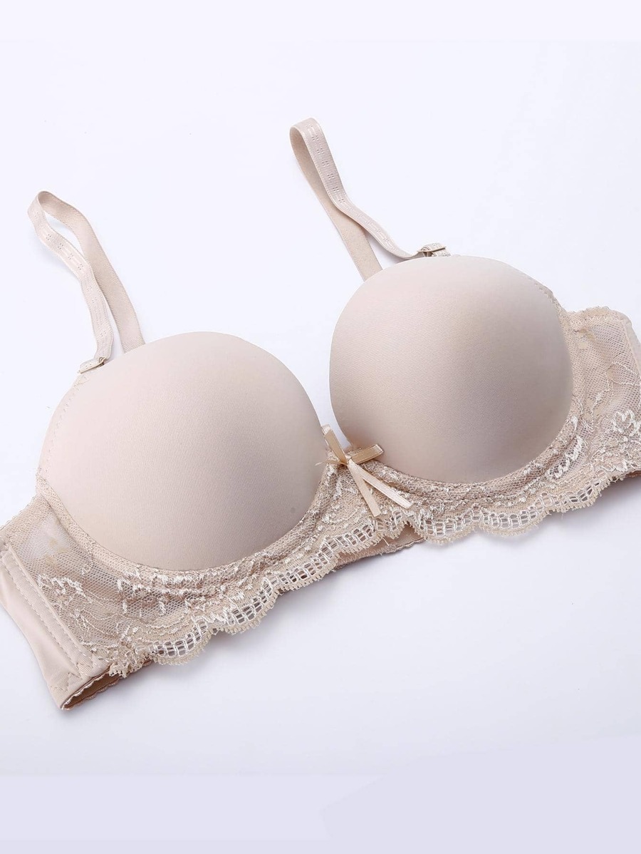 Contrast Lace Underwire Bra, Lingerie - Beige - View 1