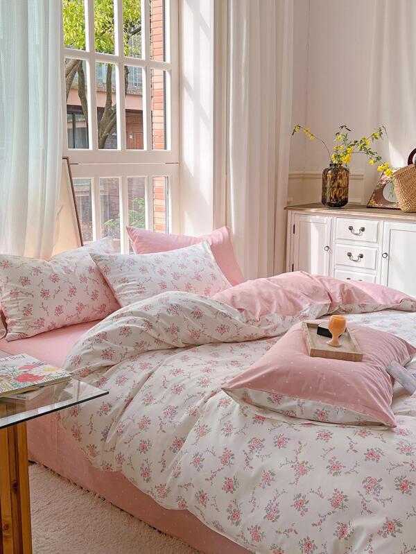 3pcs Flower Pattern Duvet Cover Set With 1pc Cover, 2pcs Pillowcase