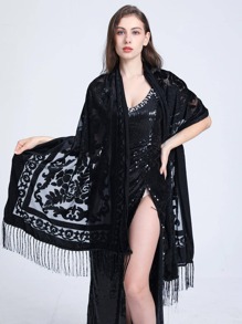 Nhung Khăn quàng cổ , Cocktail Cape , Thủ công Tua Đồ trang trí , Thời trang Buổi tiệc Bọc , Trong suốt Hoa Khăn choàng Boho - màu đen - Xem 3