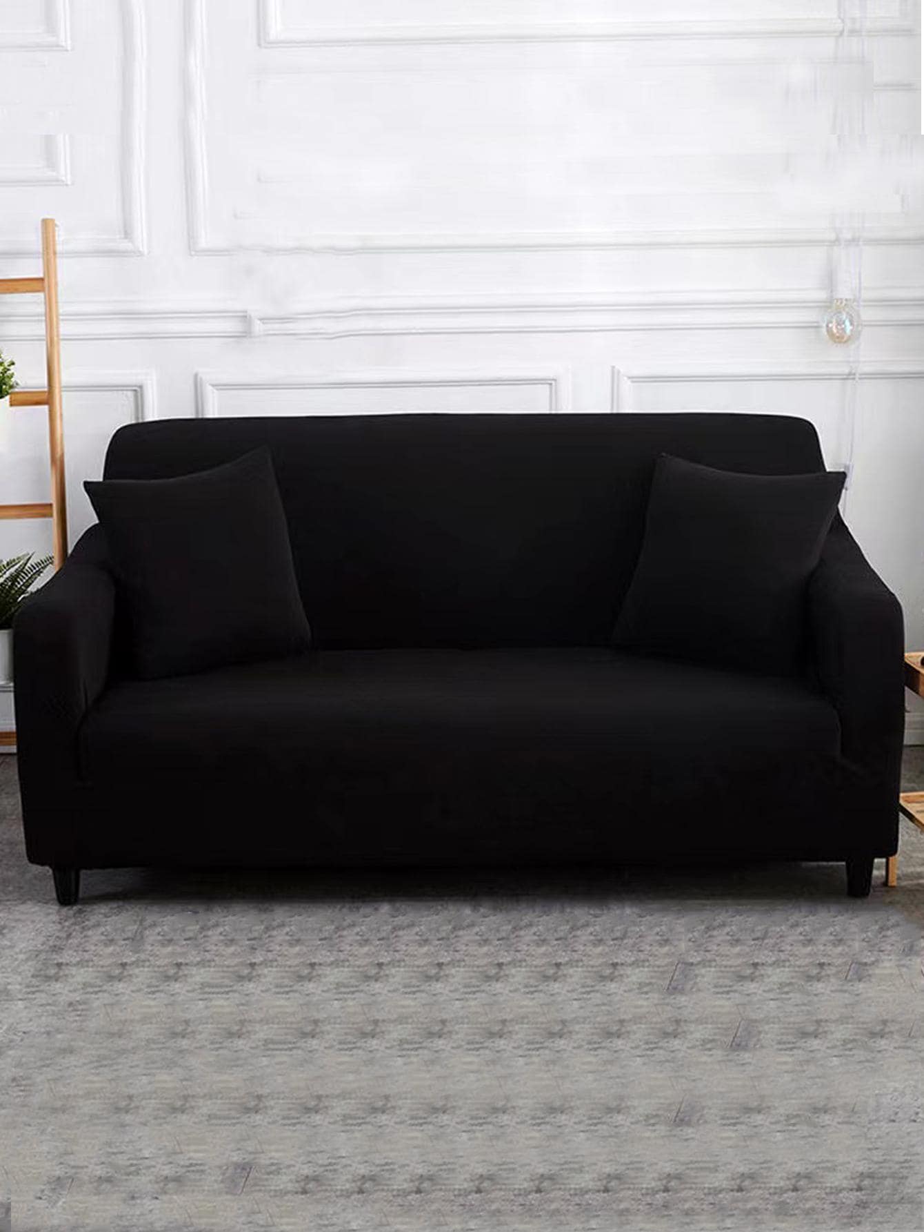 1入組素色彈性沙發套和1入組靠墊套不附帶墊芯 - 黑色 - 查看 1
