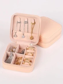 1pc Portable Multi-grid Jewelry Storage Box, Minimalist Solid Color PU Jewelry Storage Box For Home And Travel - Pink - View 2