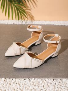 女式鏤空交叉網眼珍珠裝飾一字扣平底涼鞋 - 米色 - 查看 5