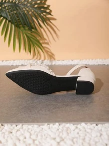 女式鏤空交叉網眼珍珠裝飾一字扣平底涼鞋 - 米色 - 查看 7