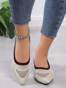 Women Two Tone Point Toe Ballet Flats, Elegant Fabric Flat Shoes - Beige - View 2