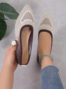 Women Two Tone Point Toe Ballet Flats, Elegant Fabric Flat Shoes - Beige - View 5