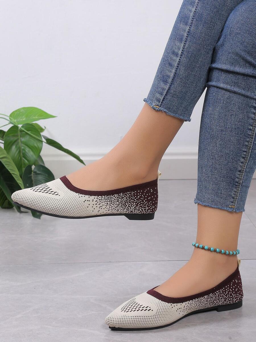 Women Two Tone Point Toe Ballet Flats, Elegant Fabric Flat Shoes - Beige - View 1