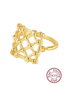 1入組精美純銀方形網紗設計銀戒指適合女士適用於日常通勤 - 金黃色 - 查看 2