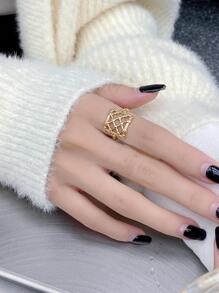 1入組精美純銀方形網紗設計銀戒指適合女士適用於日常通勤 - 金黃色 - 查看 5