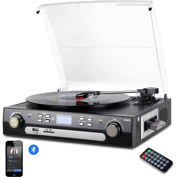 DIGITNOW Record Player With Stereo Speakers, Turntable For Vinyl To MP3 With Cassette Play, AM/FM Radio, USB/SD Encoding