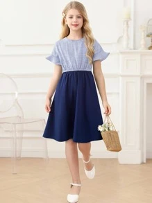 Cô gái Tween In sọc Đầm - Màu xanh hải quân - Xem 4