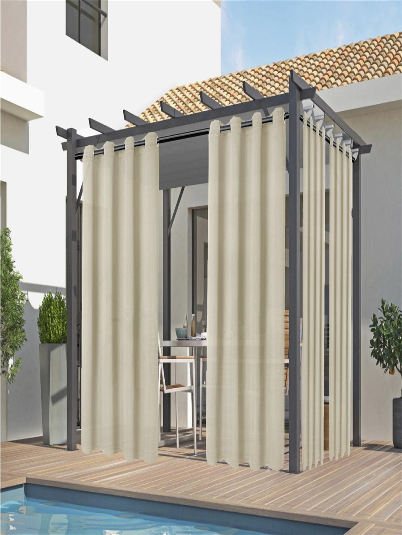 BONZER 1pc Solid Color Outdoor Waterproof Curtain, Brown Polyester Curtain, For Gazebo, Front Porch - Brown - View 1