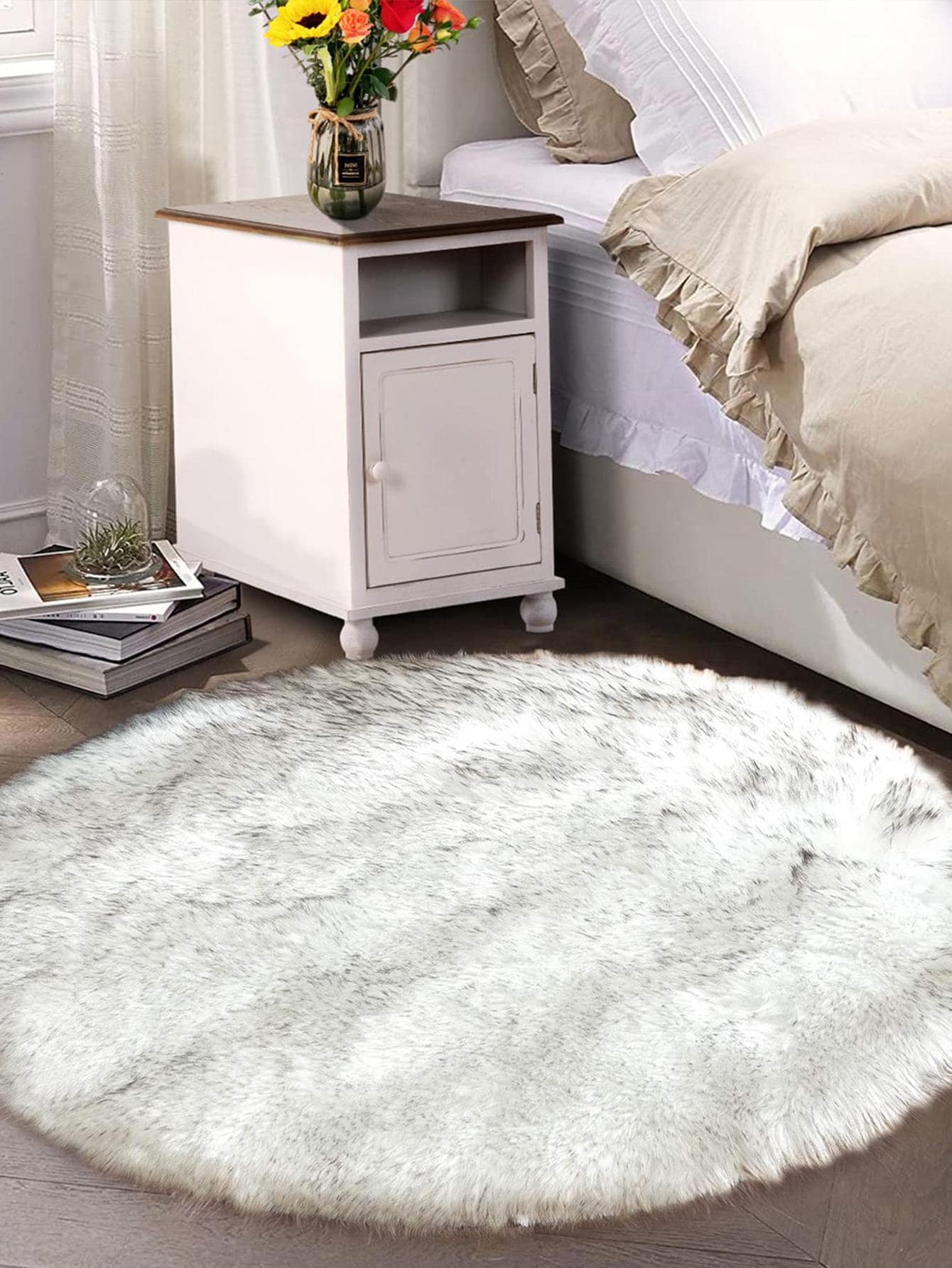 1入組素色毛絨地毯，黑白圓形毛絨地毯，適用於客廳、臥室 - 黑與白 - 查看 1