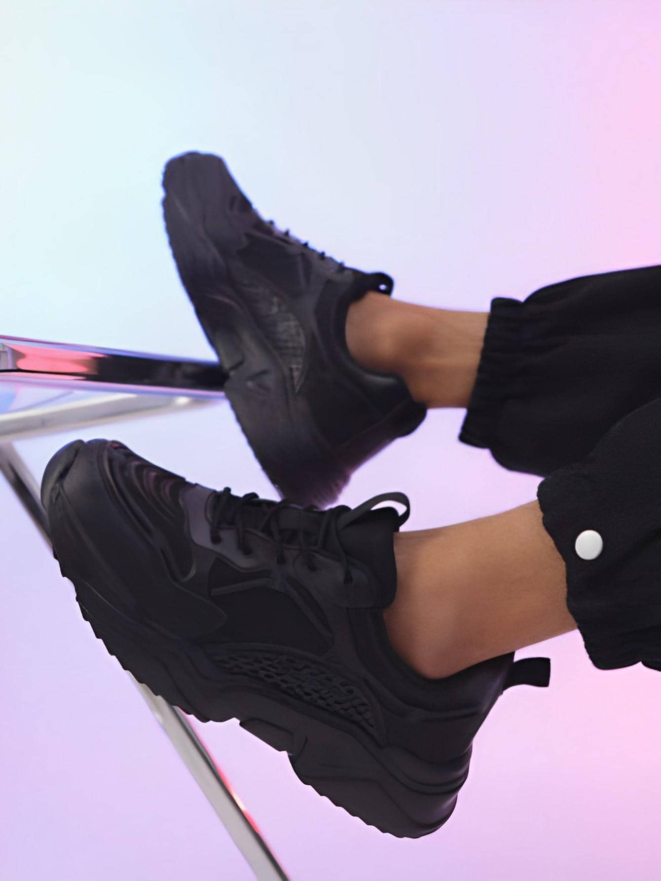 Men Lace-up Front Chunky Sneakers - Black - View 1