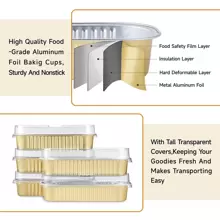50入組帶蓋迷你鋁箔麵包盤 6.8 盎司 6.5 x 2.6 x 2 英寸一次性矩形烘焙杯 - 金色 - 查看 4