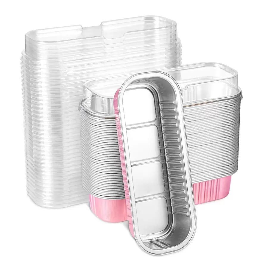 50个迷你铝箔面包模具带盖，6.8盎司，6.5 x 2.6 x 2英寸，一次性长方形烘焙杯 - 粉色 - 查看 1