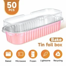 50个迷你铝箔面包模具带盖，6.8盎司，6.5 x 2.6 x 2英寸，一次性长方形烘焙杯 - 粉色 - 查看 3