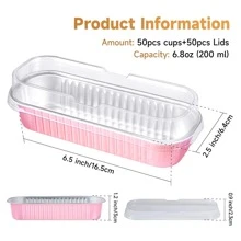 50个迷你铝箔面包模具带盖，6.8盎司，6.5 x 2.6 x 2英寸，一次性长方形烘焙杯 - 粉色 - 查看 2