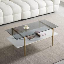 AGV LIGHTING 202206 Tadio Glass Coffee Table, Double Layer Coffee Table for Living Space, Gold Finish Frmae, Smoky Grey Glass Top & White Marble Wood Top - 灰色 - 查看 1