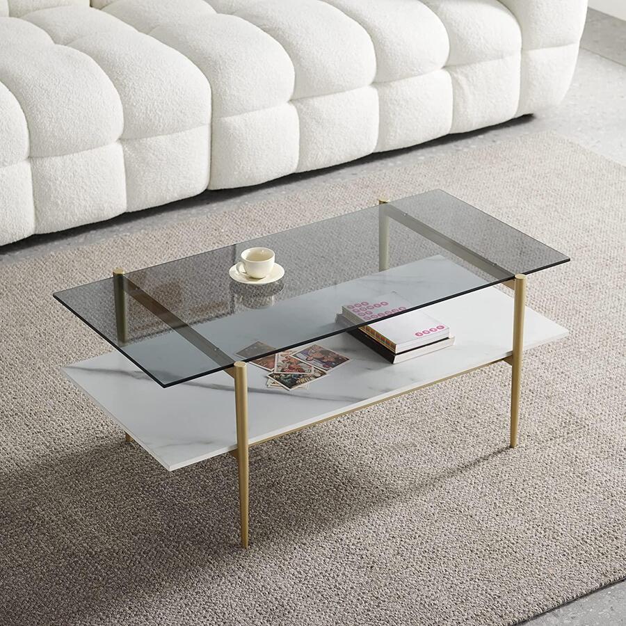 AGV LIGHTING 202206 Tadio Glass Coffee Table, Double Layer Coffee Table for Living Space, Gold Finish Frmae, Smoky Grey Glass Top & White Marble Wood Top - 灰色 - 查看 1