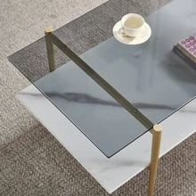 AGV LIGHTING 202206 Tadio Glass Coffee Table, Double Layer Coffee Table for Living Space, Gold Finish Frmae, Smoky Grey Glass Top & White Marble Wood Top - 灰色 - 查看 6