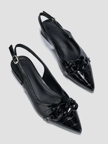 女士鱷魚壓紋鏈條裝飾尖頭時尚黑色露跟平底鞋適用於戶外 - 黑色 - 查看 5