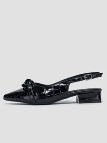 女士鱷魚壓紋鏈條裝飾尖頭時尚黑色露跟平底鞋適用於戶外 - 黑色 - 查看 7