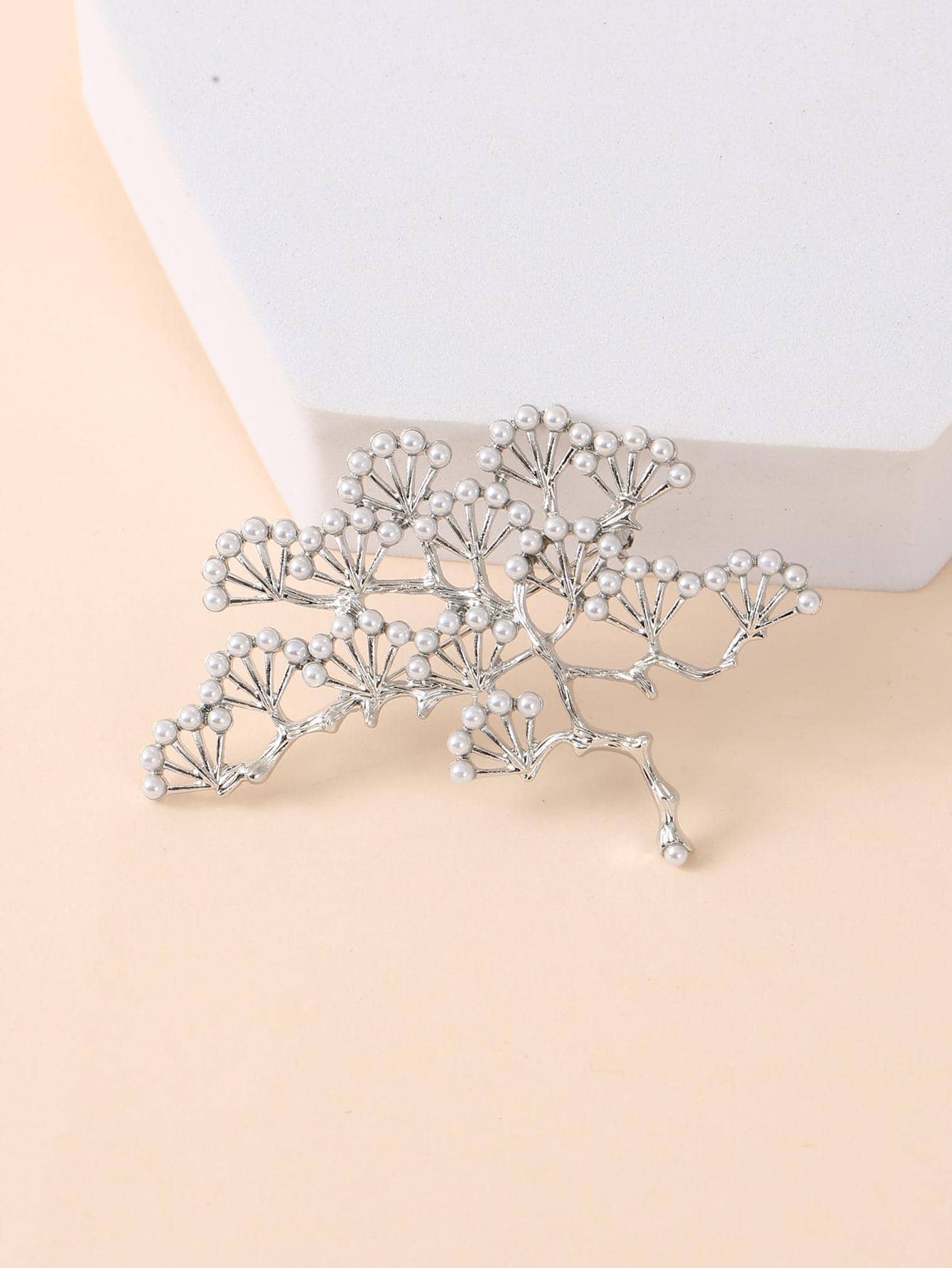 Faux Pearl Decor Tree Design Brooch - Silver - View 1