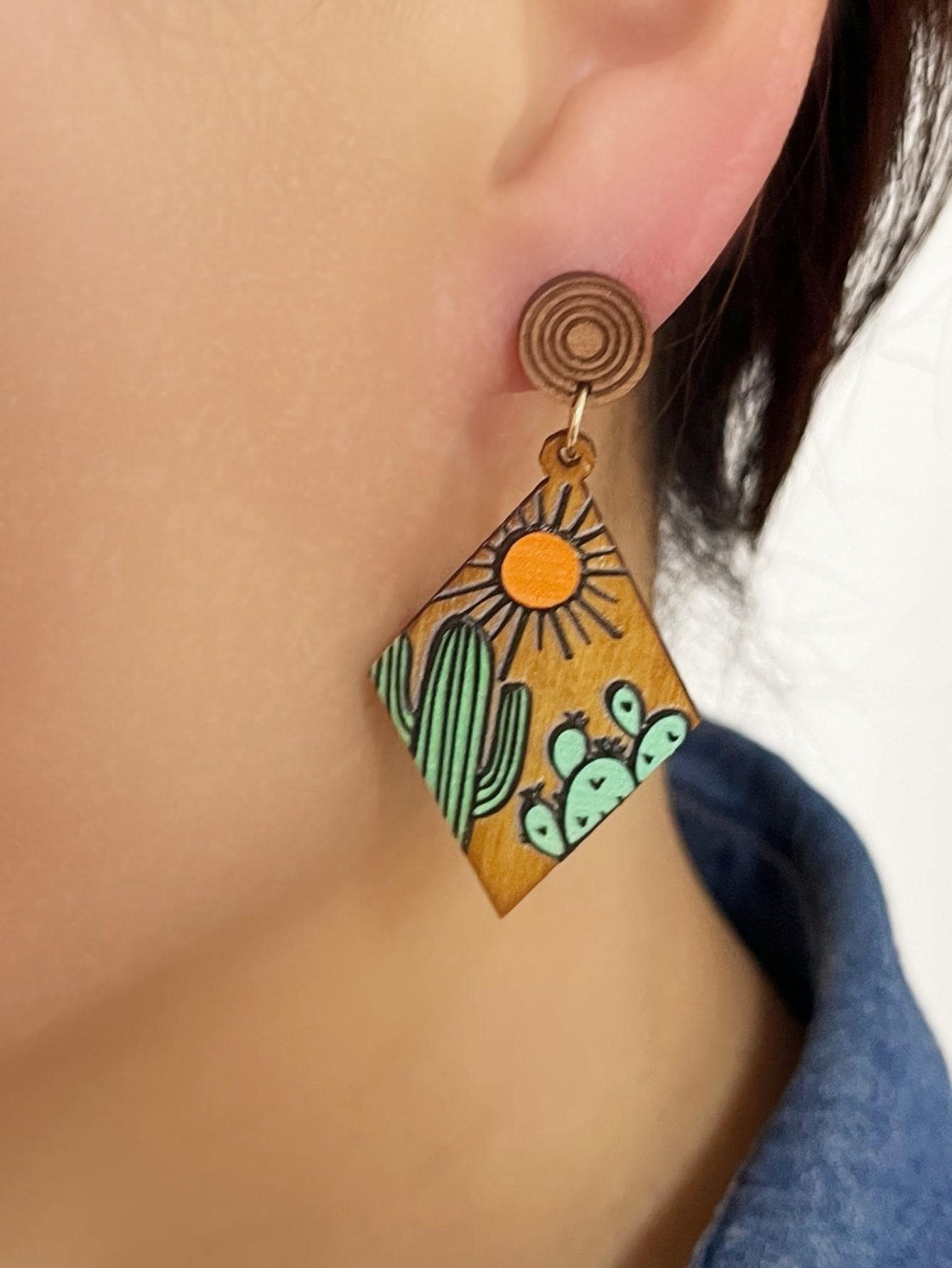 1對波西米亞木頭太陽印花菱形耳墜適合女士適用於日常生活 - 彩色 - 查看 1