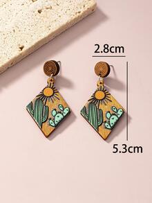 1對波西米亞木頭太陽印花菱形耳墜適合女士適用於日常生活 - 彩色 - 查看 3